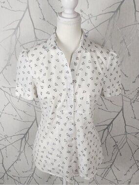 Atmosphere White Sparrows Birds Printed Button Front Blouse